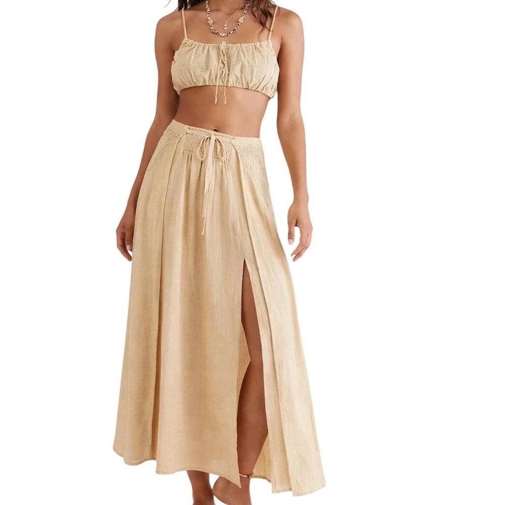 Free People The‎ Prettiest Set  Boho Crop Top Maxi Skirt Lace Slit S